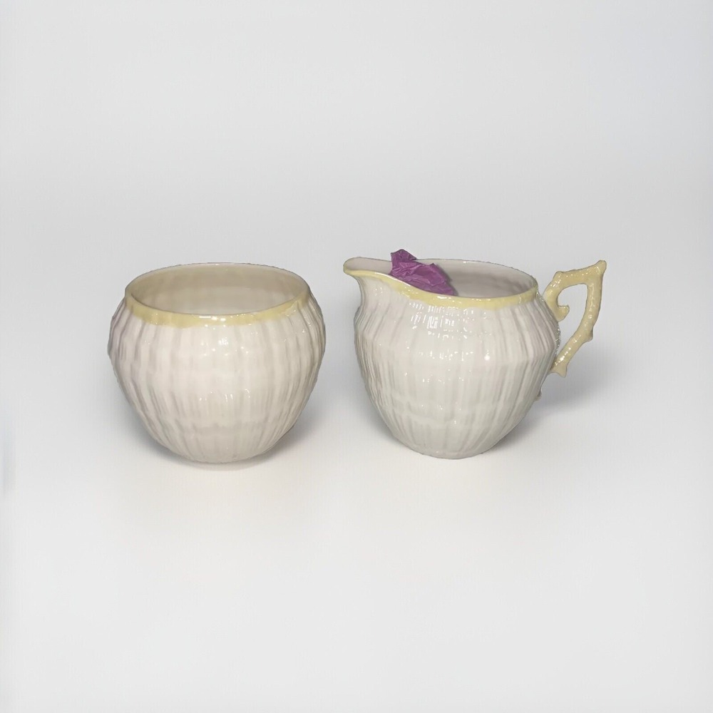 Vintage Belleek Limpet Pattern Creamer and Sugar Bowl 6th Green Mark